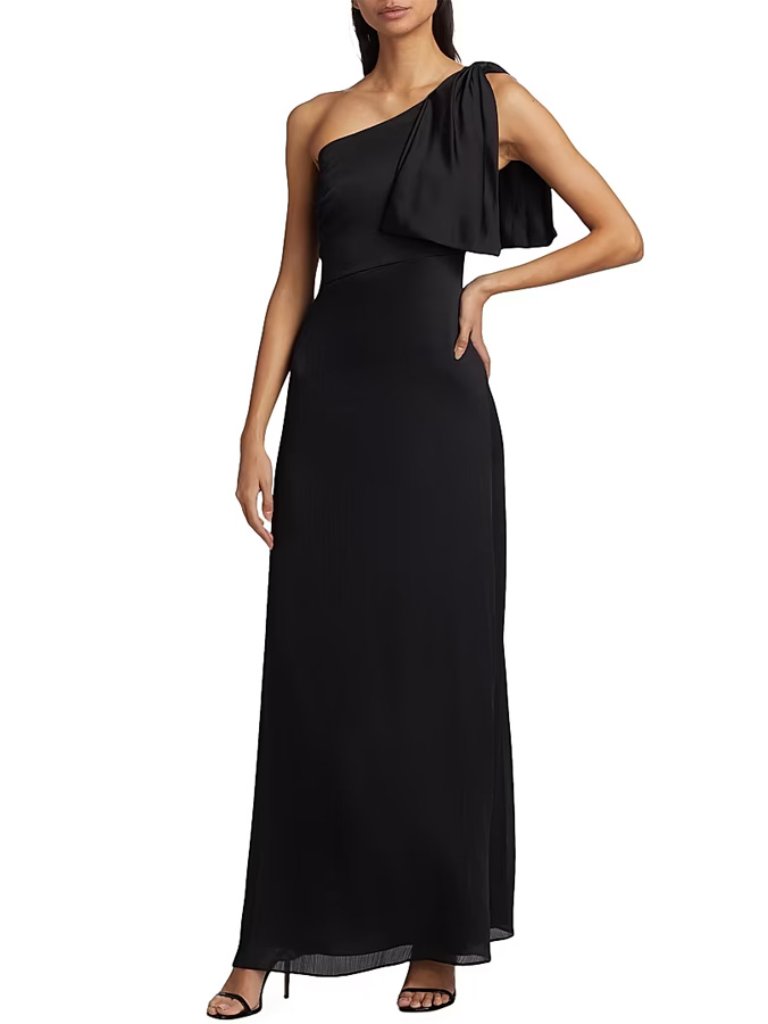 Sachin & Babi Black One Shoulder Bow Satin Gown Size 0